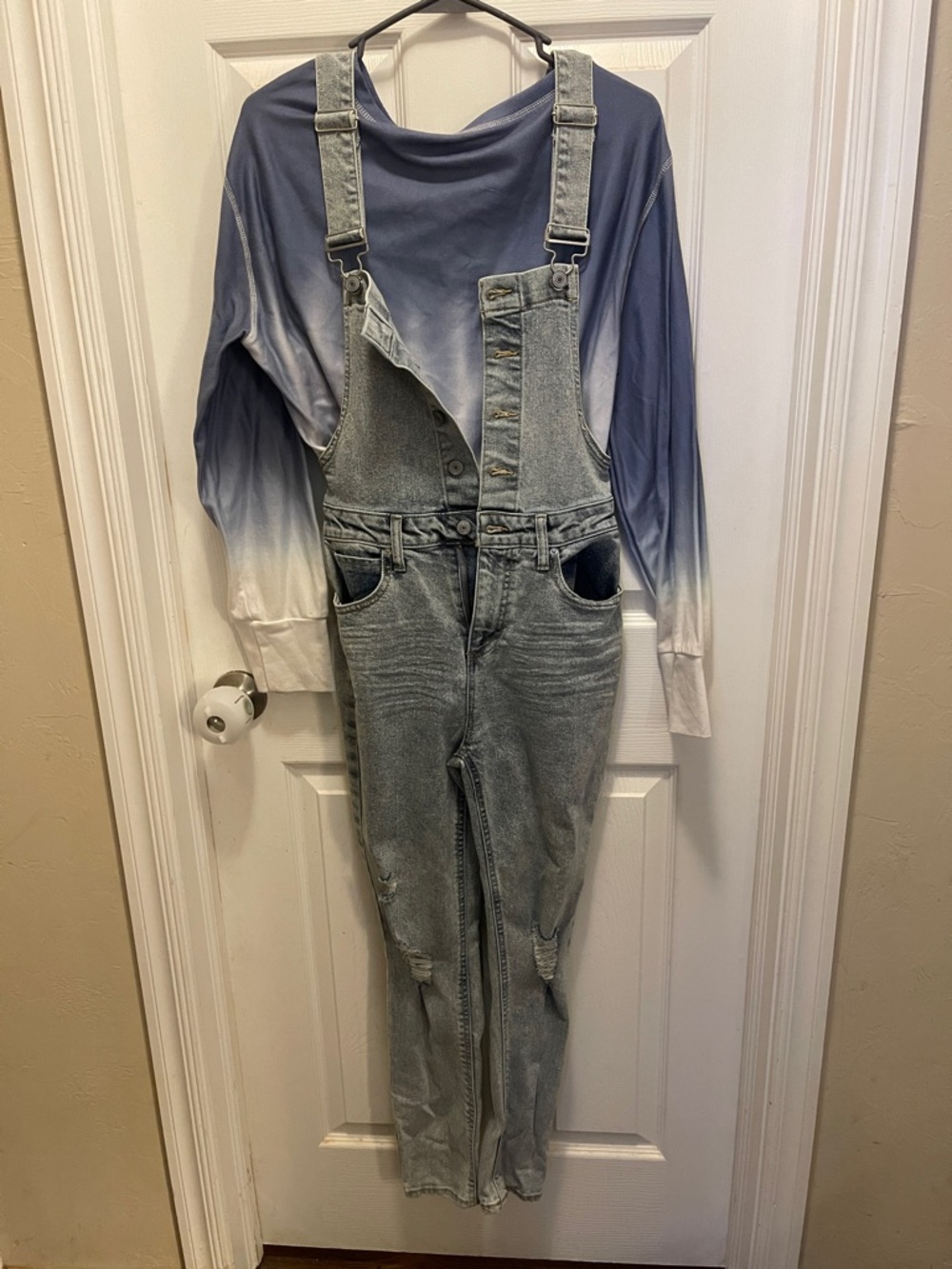 Light Acid-Wash Denim Overalls with Button Bib